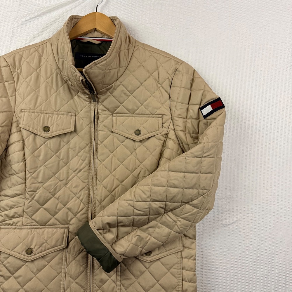 Tommy Hilfiger Womens Large Tan Quilted Utility Barn Jacket Flag Patch Coat L